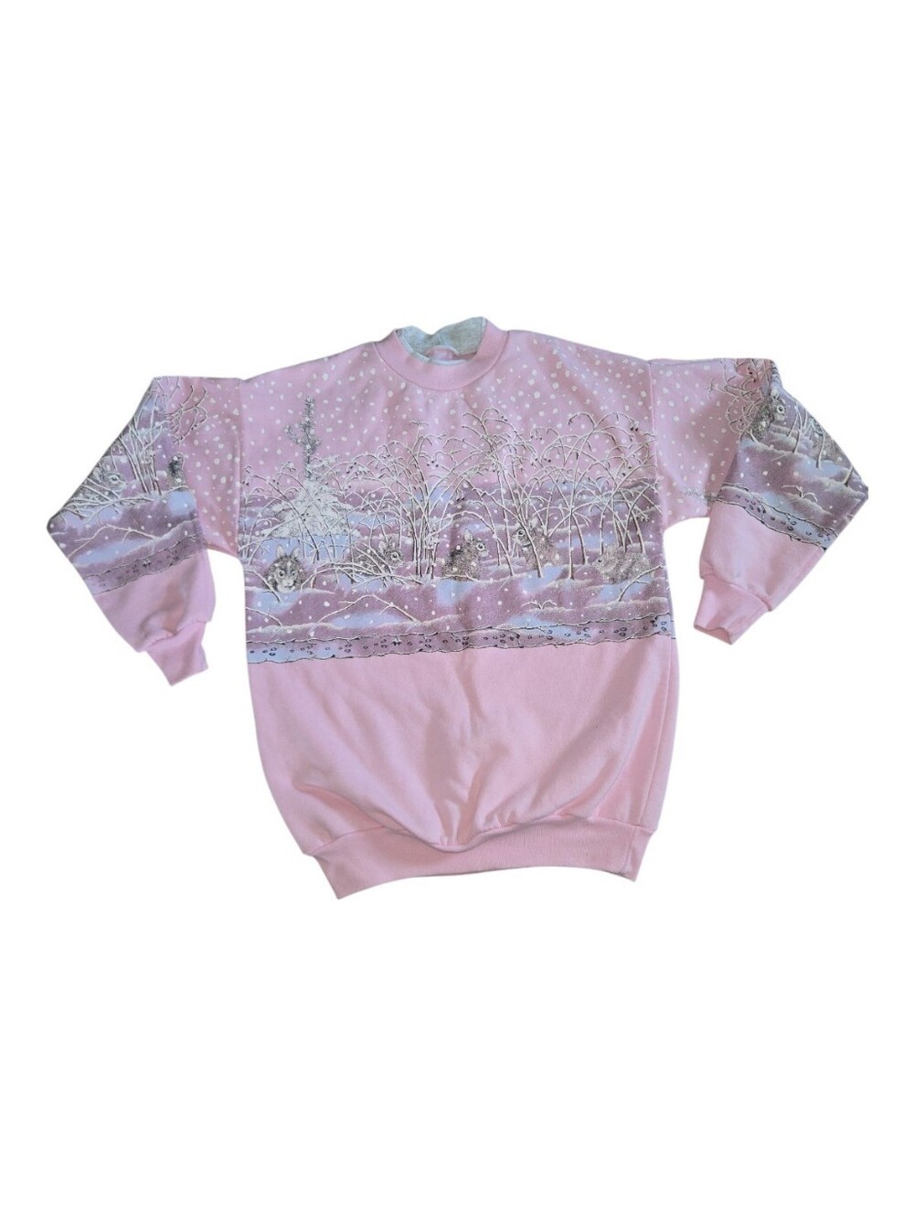 Vintage Pink Winter Scene With Bunnies Crewneck Sweater